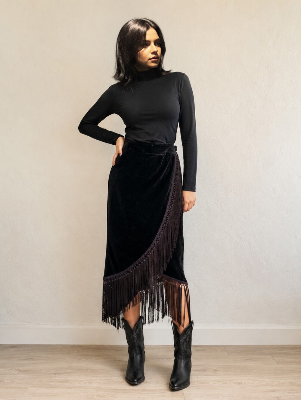 Kenneth Cole Black Velvet Fringe Wrap Midi Skirt